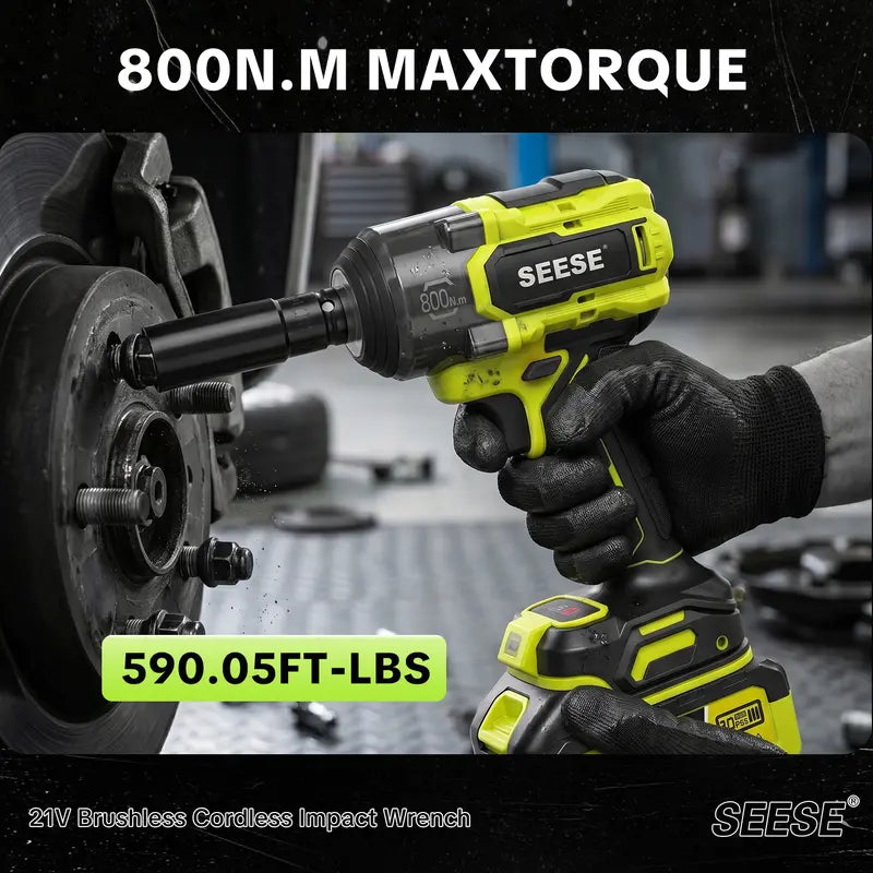 Cordless Impact Wrench Kit, 1/2 Inch Brushless High Torque Impact Gun, 590 Ft-lbs (800N.m), 3200IPM – Ideal for Tyre Removal, Car Maintenance & Home Repairs