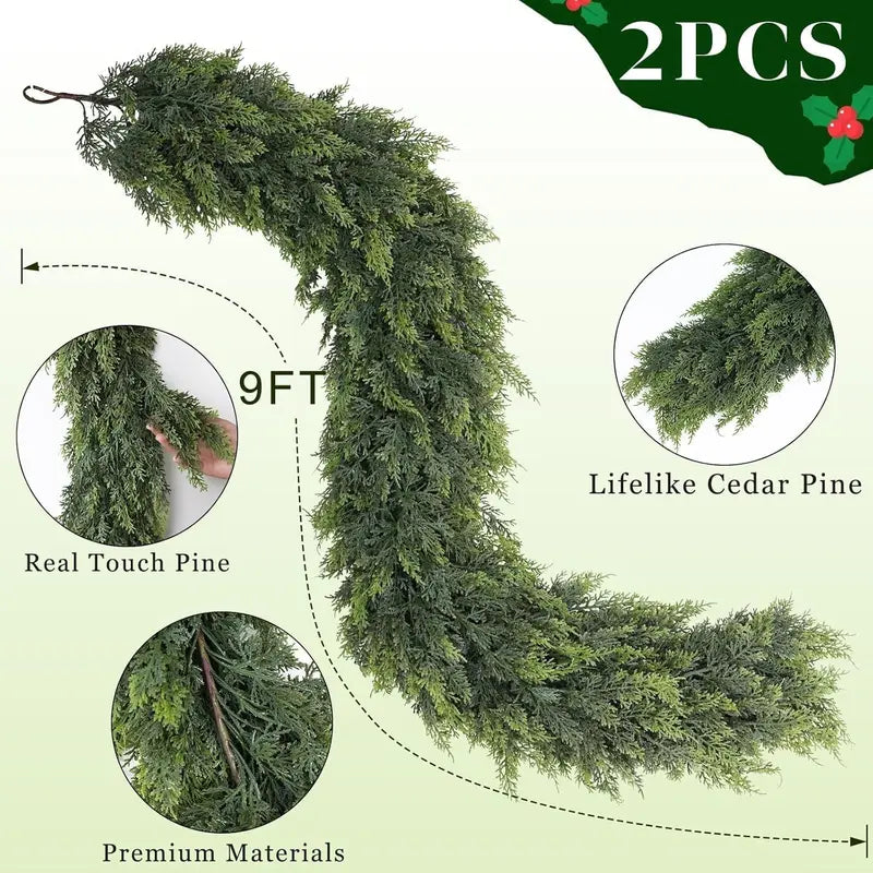 2-Pack 6FT Real Touch Artificial Cedar Garland Set | Natural-Look Pine Greenery, Indoor & Outdoor Christmas Decorations, Home Decor for Living Room