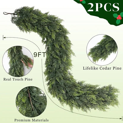 2-Pack 6FT Real Touch Artificial Cedar Garland Set | Natural-Look Pine Greenery, Indoor & Outdoor Christmas Decorations, Home Decor for Living Room
